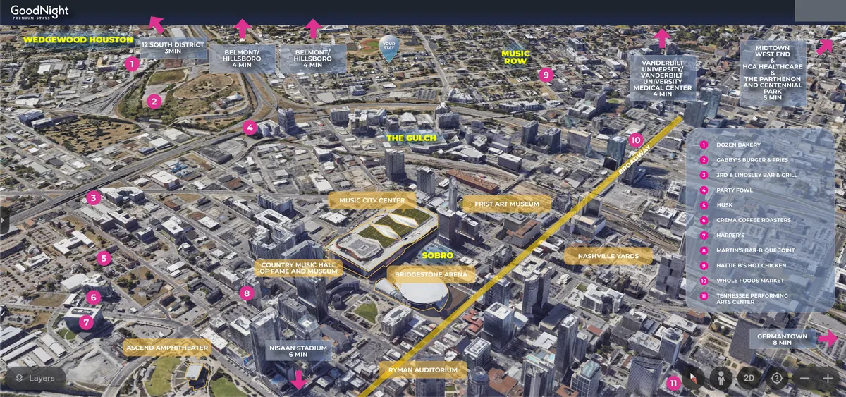 This image presents a vibrant view of Downtown Nashville, with notable landmarks such as the Music City Center, Nissan Stadium, and the First Art Museum visible. The scene is bustling with activity, evoking the excitement of urban exploration in a dynamic city setting.