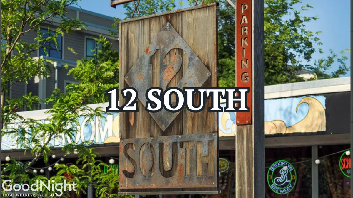A vibrant streetscape view of boutique storefronts, signage, and lush greenery, inviting exploration of local shops and galleries. The scene captures the friendly, walkable character of the 12th South neighborhood.