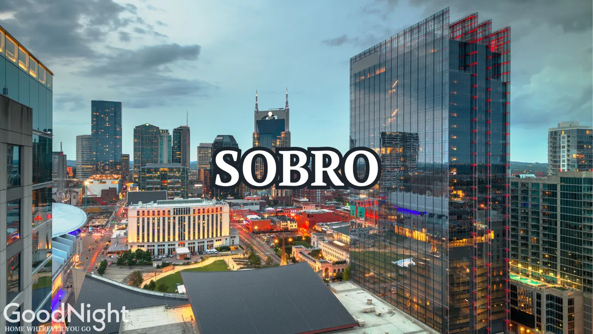 A panoramic view of the illuminated Nashville city skyline at dusk, with neon lights and prominent buildings glowing against the evening sky. The image captures the city's electric vibe and dynamic nightlife, as seen from an elevated vantage point.